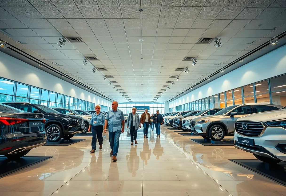 Visitors walking between stands in a motor show hall, with cars on raised platforms under bright lights.