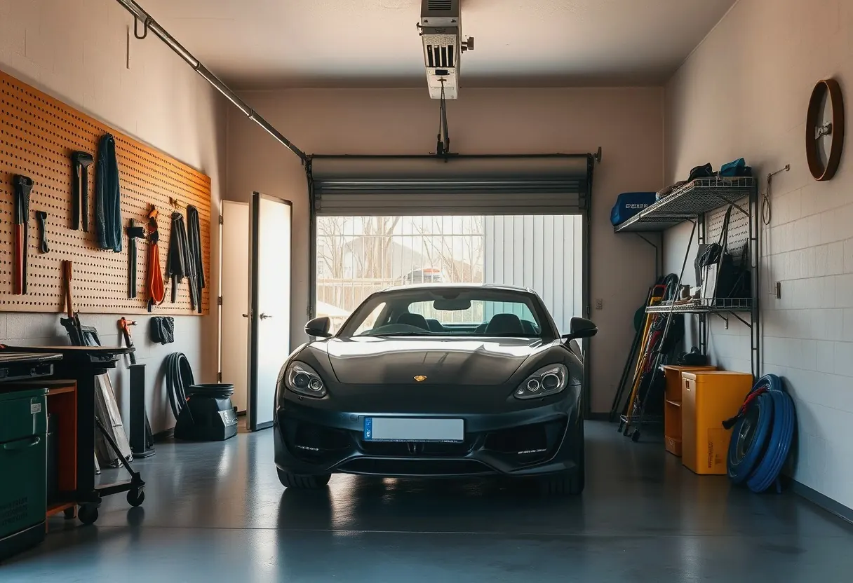 A domestic garage with the door up and a car reversed in, tools on a bench along the side wall.