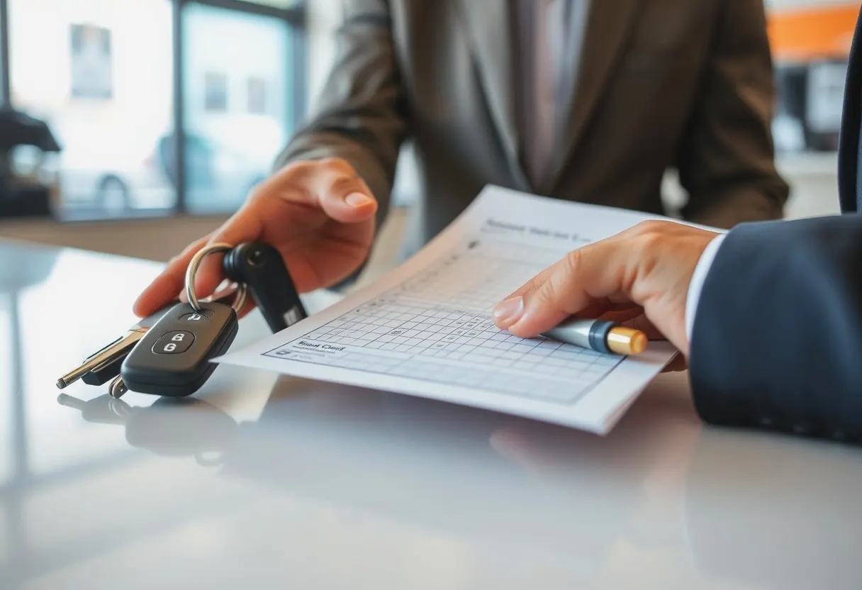 Keys and a signed damage sheet passing across a counter at a car hire branch.