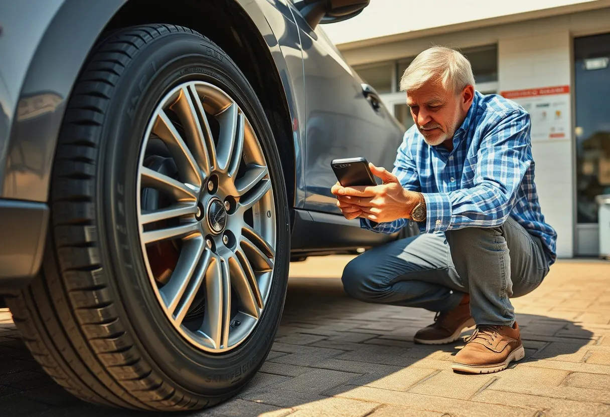 A man crouching beside a front wheel to photograph a kerbed rim before taking a hire car away.