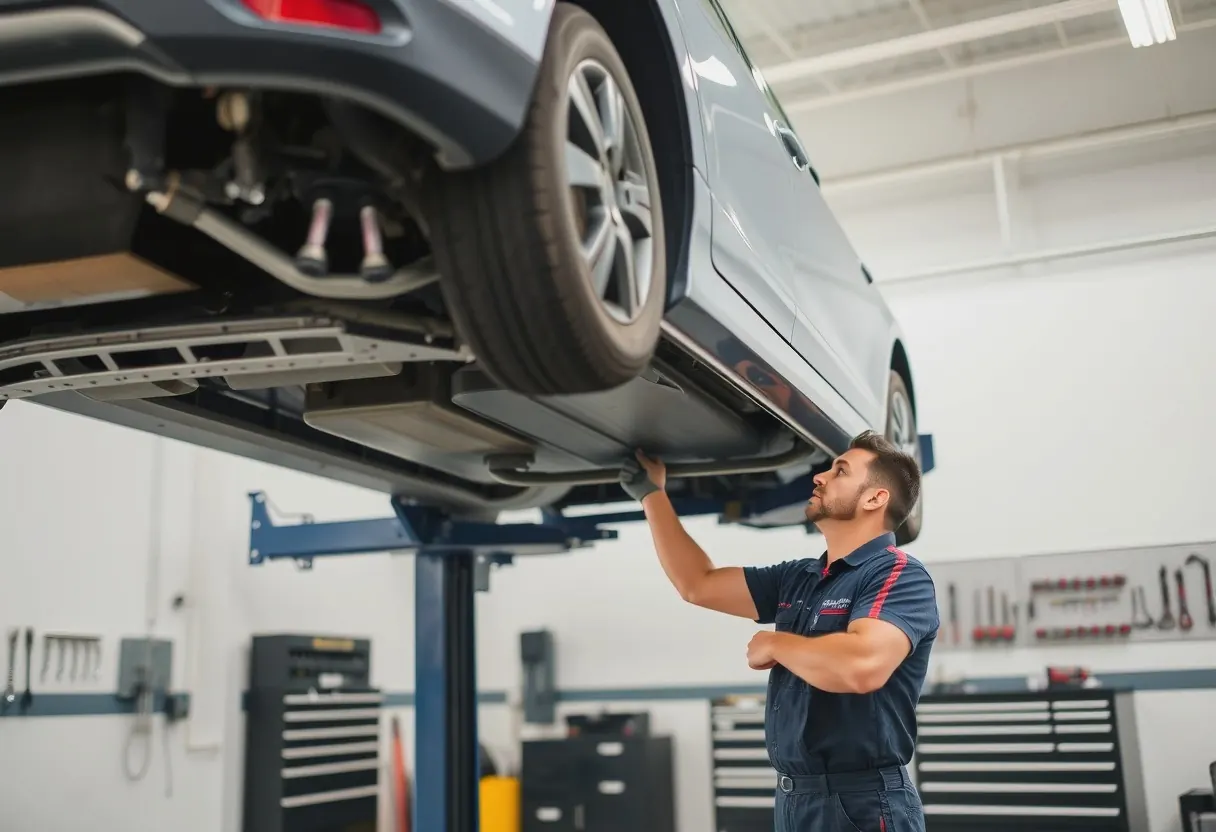 A technician checking fluid levels under an open bonnet on a workshop ramp.