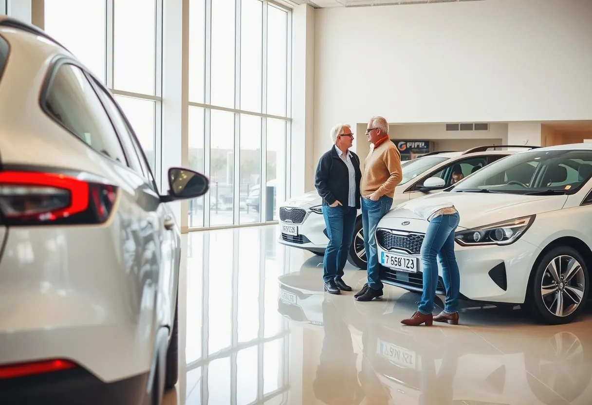 A quiet showroom floor with two cars on display and a salesperson at a desk in the background.