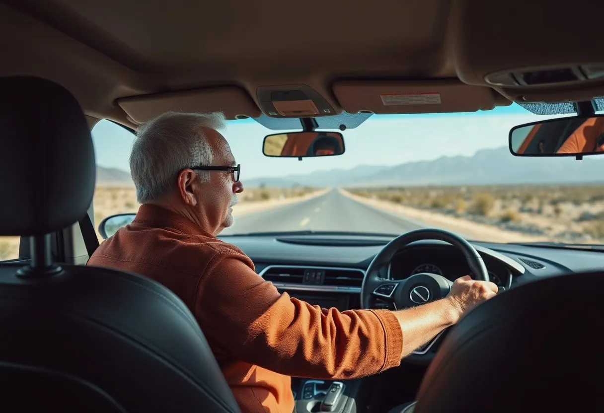 A driver at the wheel of a car on an open road, hands at a quarter to three, looking well ahead.