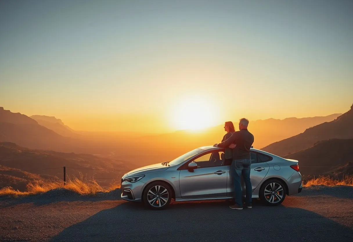 A car stopped at a roadside viewpoint with a wide valley beyond and a cooler box open on the tailgate.